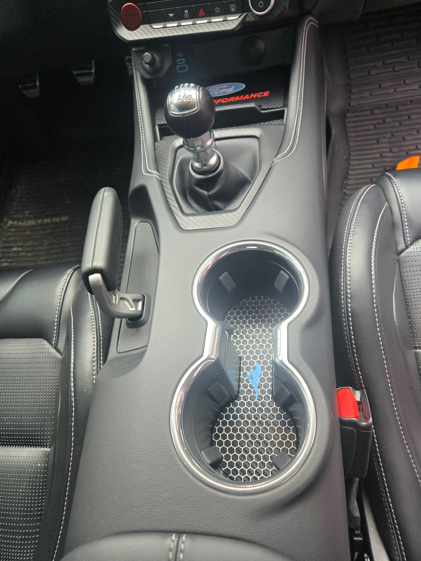 2024+ Ford Mustang Cup Holder Pad-White Hexagon Pattern with Custom Color Pony Logo