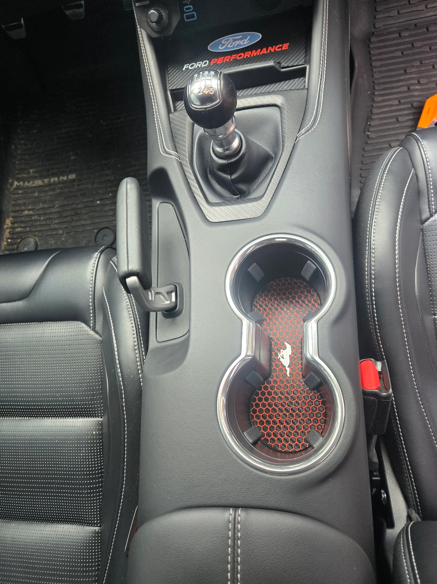2024+ Ford Mustang Cup Holder Pad-Red Hexagon Pattern with Custom Color Pony Logo