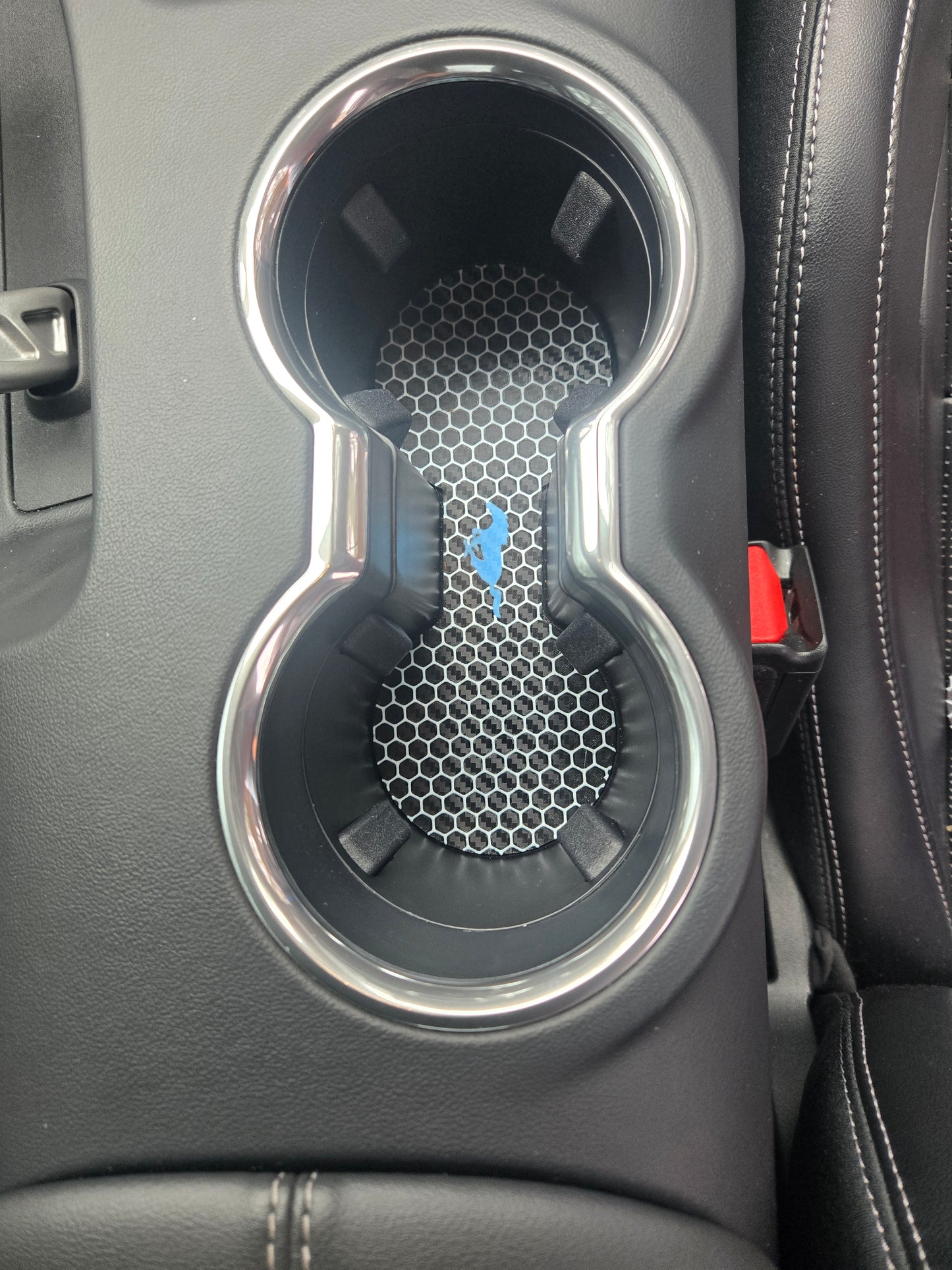 2024+ Ford Mustang Cup Holder Pad-White Hexagon Pattern with Custom Color Pony Logo