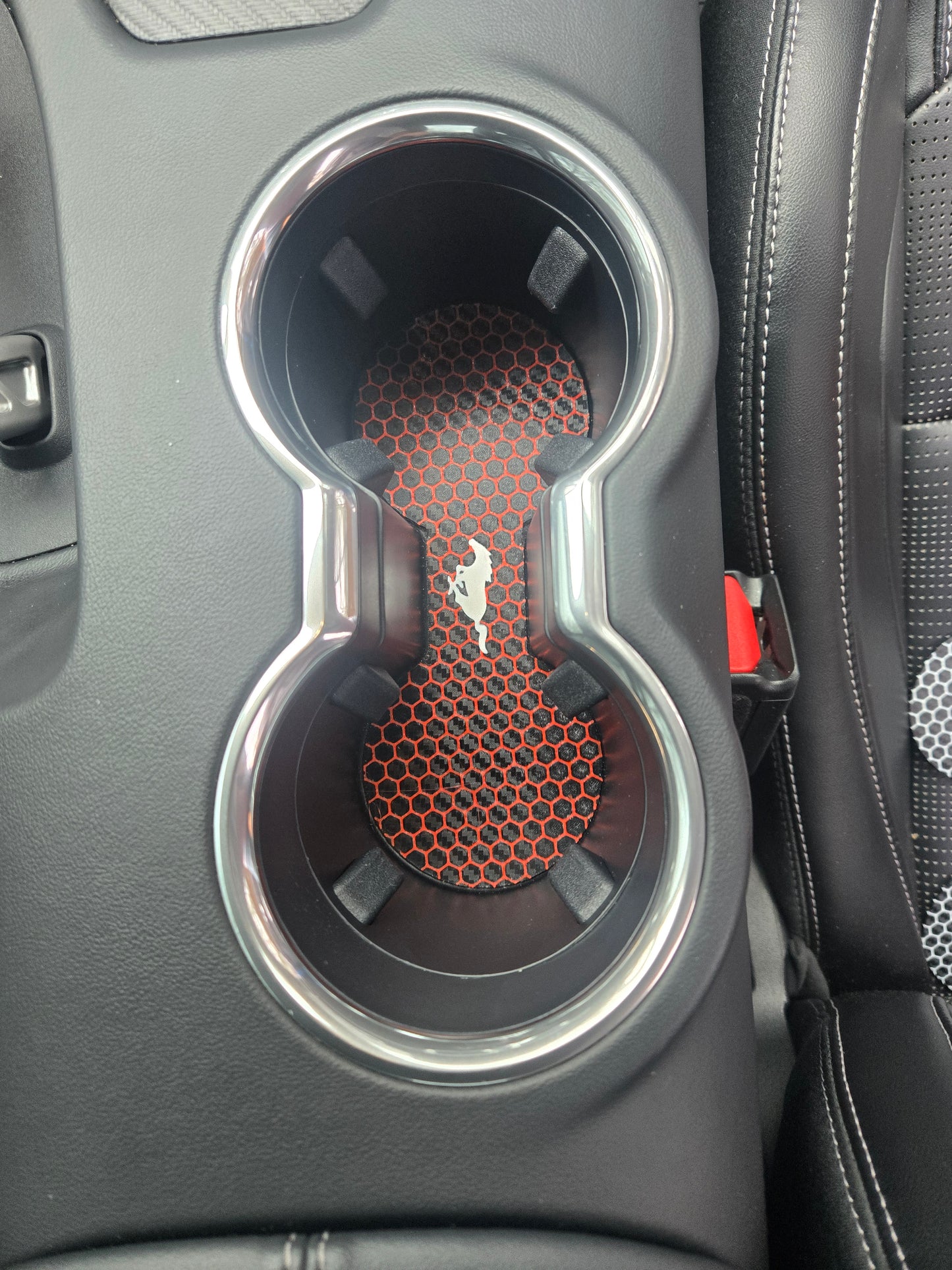 2024+ Ford Mustang Cup Holder Pad-Red Hexagon Pattern with Custom Color Pony Logo