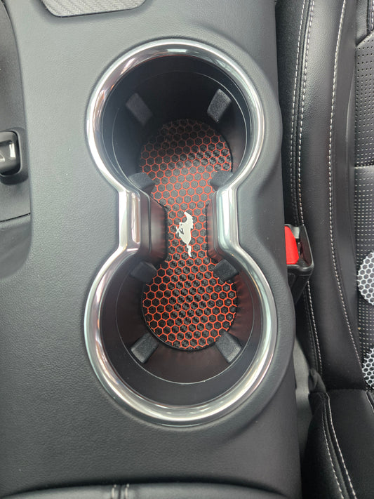 2024+ Ford Mustang Cup Holder Pad-Red Hexagon Pattern with Custom Color Pony Logo